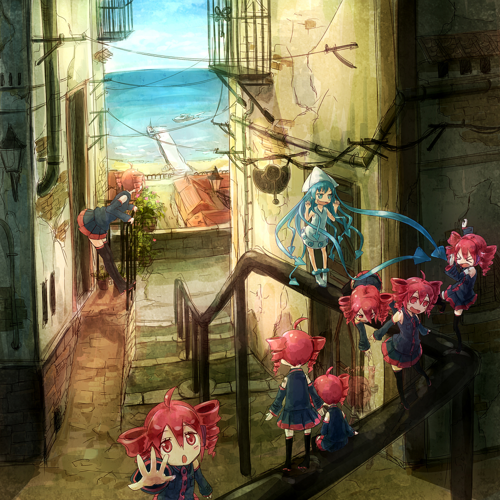alley, blue_eyes, blue_hair, boat, building, clone, crossover, detached_sleeves