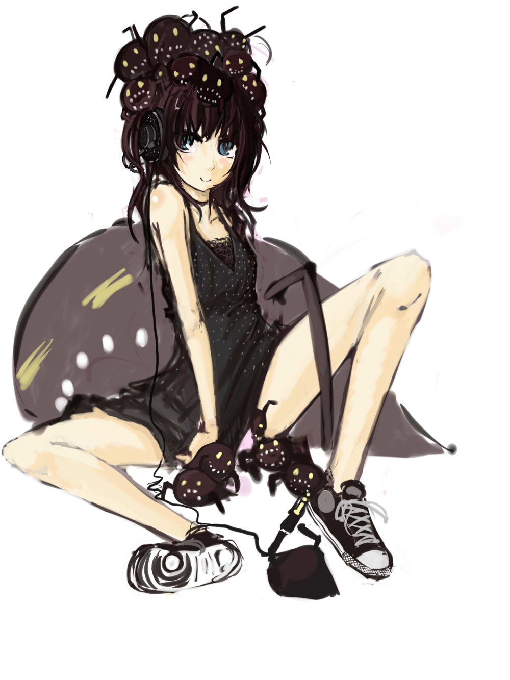 bare_shoulders, black_hair, blue_eyes, camisole, converse, creature, darkness, flat_chest