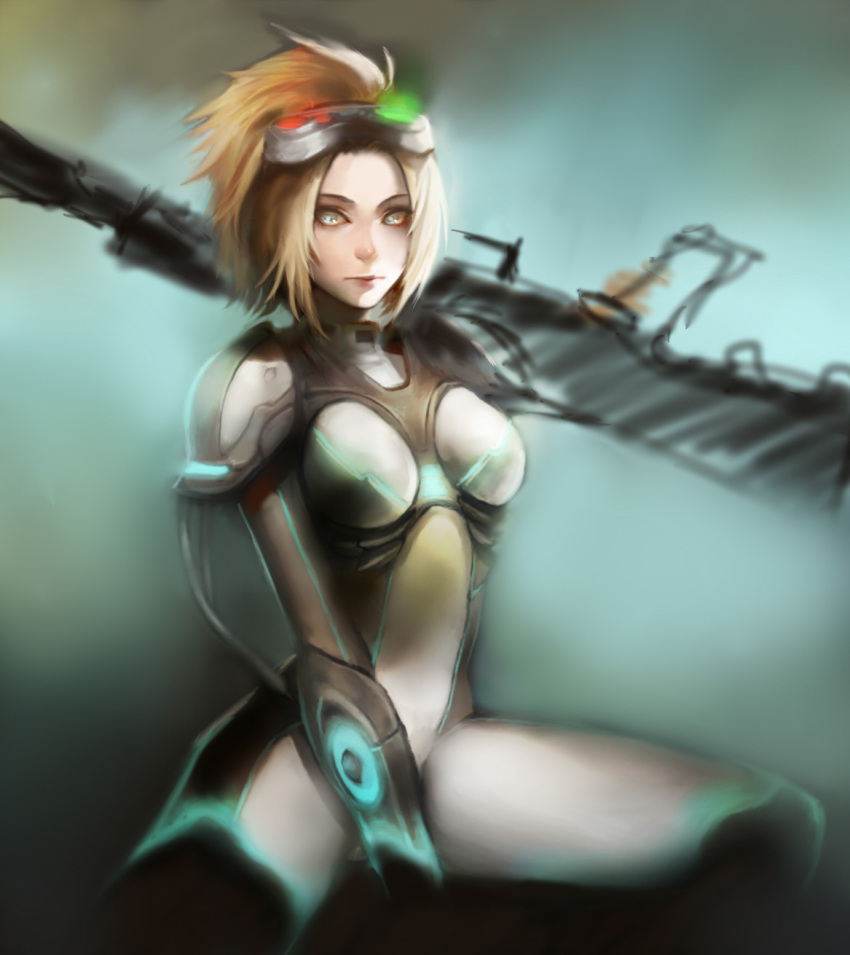 blonde_hair, bodysuit, center_opening, goggles, goggles_on_head, gun, head_mounted_display, highres