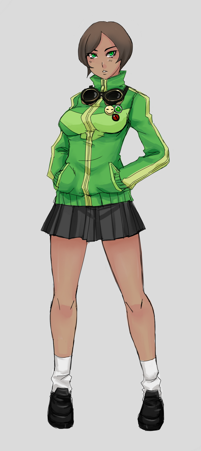 atlus, brown_hair, company_connection, cosplay, dark_skin, footwear, goggles, goggles_around_neck