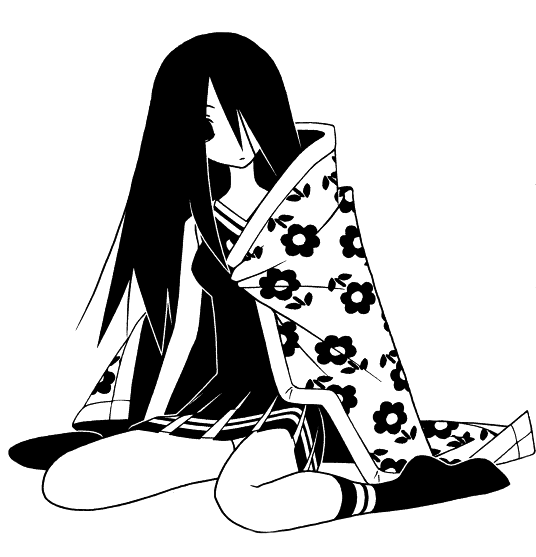 cheerleader, hair_over_one_eye, komori_kiri, kumeta_kouji, long_hair, monochrome, official_art, sayonara_zetsubou_sensei, simple_background, sitting, tube_socks, wariza