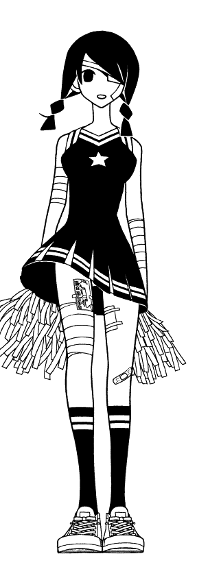 bandage, bandaid, black_hair, braid, cheerleader, eyepatch, kobushi_abiru, kumeta_kouji