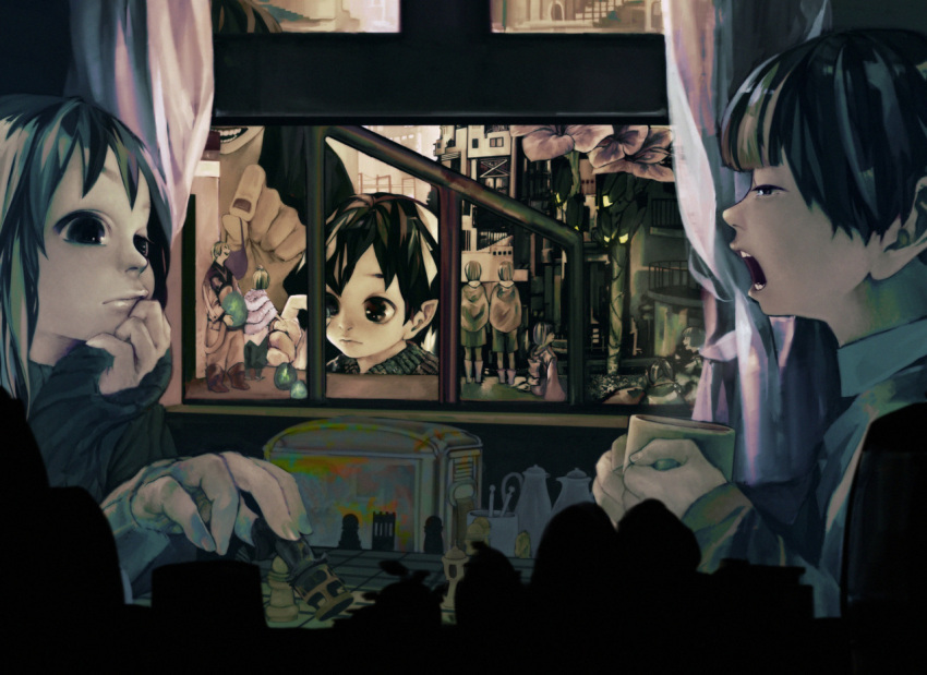 black_hair, chess, cup, flower, gonzales_rocky, hand_on_chin, mug, muted_color