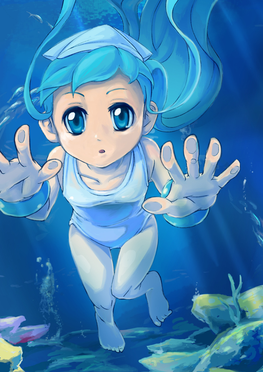 blue_eyes, blue_hair, hat, highres, ikamusume, long_hair, one-piece_swimsuit, polyacryla, shinryaku!_ikamusume, swimming, swimsuit, tentacle_hair, underwater, white_swimsuit
