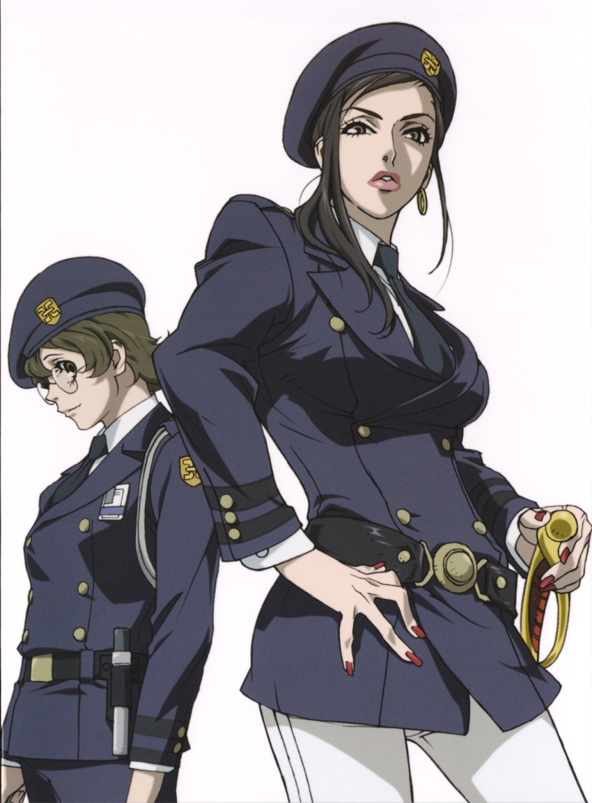 bangs, baton, belt, beret, black_hair, breasts, brown_hair, buttons
