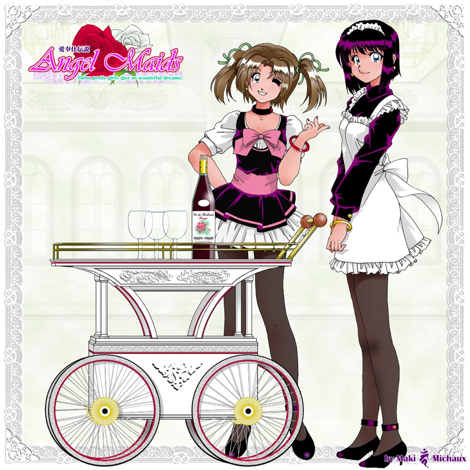 apron, brown_hair, cart, cup, high_heels, maid, maki_michaux, mishou_maki