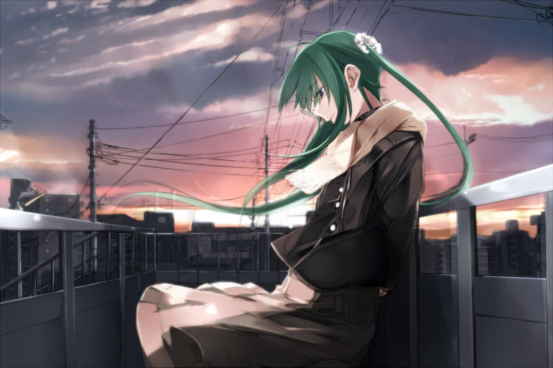 alternate_costume, alternate_hairstyle, blue_eyes, coat, fk, green_hair, hatsune_miku, solo