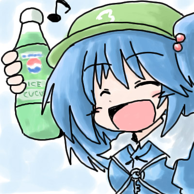 216, blue_hair, bottle, closed_eyes, hat, kawashiro_nitori, key, lowres, musical_note, pepsi, pepsi_ice_cucumber, touhou