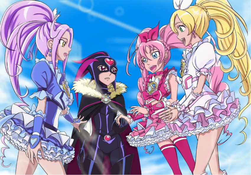 4girls, :d, blonde_hair, blue_eyes, bodysuit, braid, brooch, cape