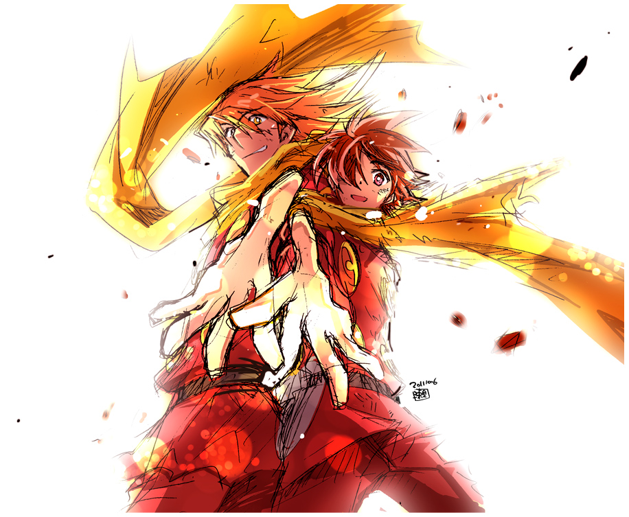 brown_hair, cyborg_009, from_below, hair_over_one_eye, jet_link, multiple_boys, open_mouth, orange_hair
