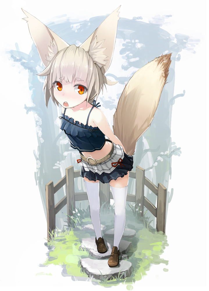 animal_ears, arms_behind_back, bad_id, bare_shoulders, belt, camisole, fence, foreshortening
