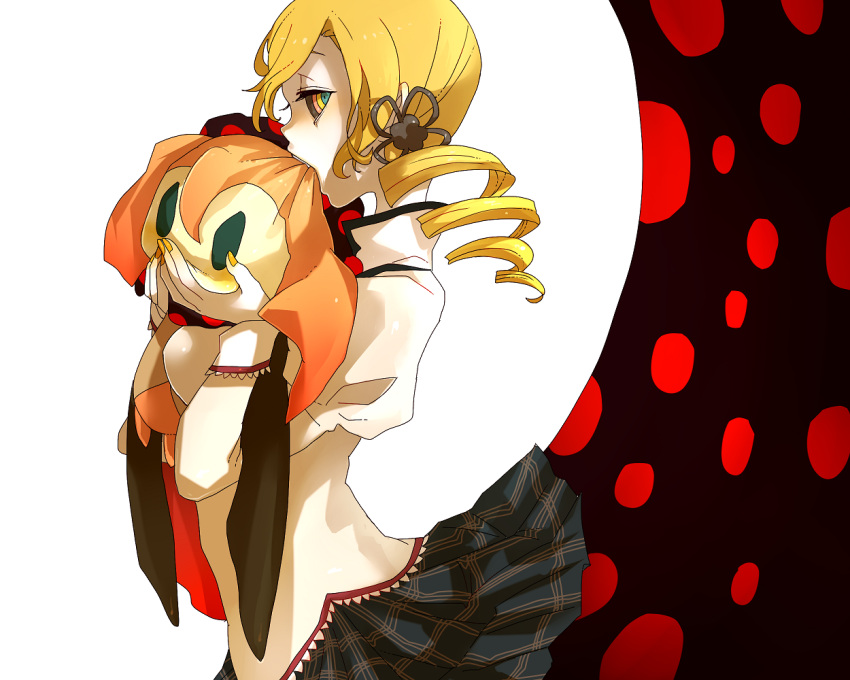 blonde_hair, breasts, charlotte_(madoka_magica), doll, drill_hair, hair_ornament, head_biting, highres