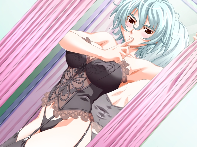 artist_request, blush, breasts, bustier, character_request, dutch_angle, game_cg, garters