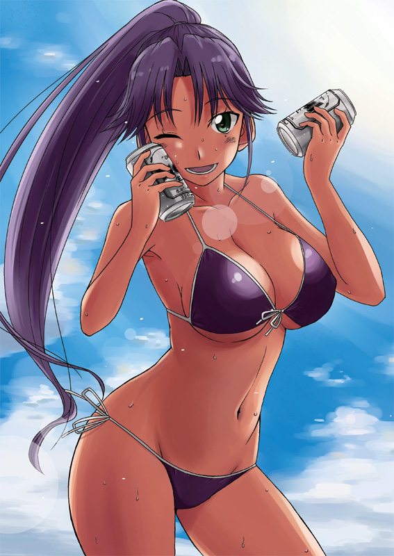 beer, bikini, breasts, can, can_to_cheek, cleavage, curvy, dark_skin, dream_c_club, dream_c_club_zero, front-tie_top, green_eyes, hisakabe_oune, large_breasts, lens_flare, long_hair, mound_of_venus, narrow_waist, ponytail, purple_hair, side-tie_bikini, sideboob, smile, solo, strap_gap, swimsuit, tan, under_boob, underboob, wink