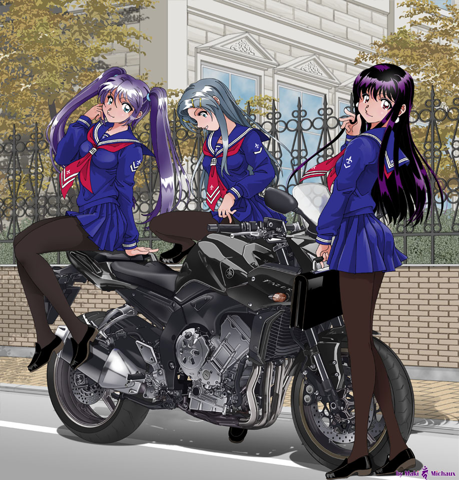 blue_hair, legs, long_hair, maki_michaux, mishou_maki, motor_vehicle, motorcycle, multiple_girls