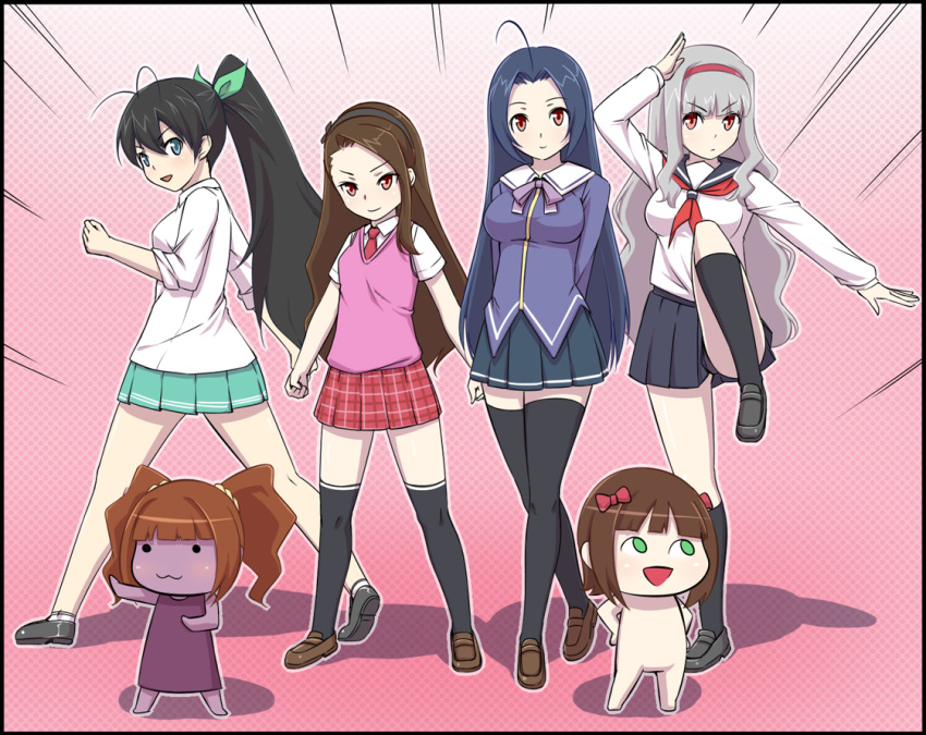 :3, ahoge, black_hair, black_legwear, blue_eyes, blue_hair, breasts, brown_hair, chibi, ganaha_hibiki, hair_ribbon, hairband, idolmaster, kung_fu, large_breasts, long_hair, minase_iori, miura_azusa, multiple_girls, nonowa, plaid, plaid_shirt, plaid_skirt, pleated_skirt, ponytail, red_eyes, ribbon, school_uniform, serafuku, shijou_takane, shougi_(116), silver_hair, skirt, smile, sweater_vest, takatsuki_yayoi, thigh-highs, thighhighs, twintails, yayoi_creature, zettai_ryouiki
