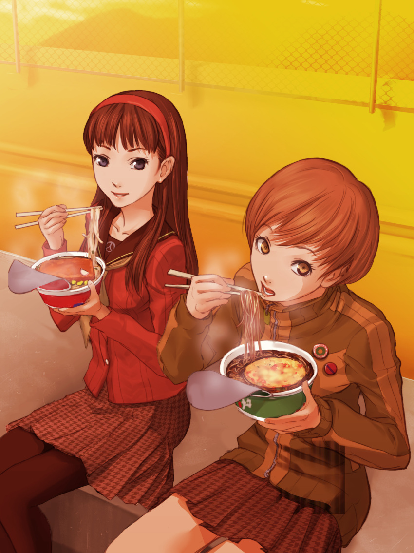 aburaage, amagi_yukiko, black_eyes, black_hair, black_legwear, brown_eyes, brown_hair, chopsticks, eating, food, from_above, hairband, highres, jacket, kamaboko, long_hair, looking_up, multiple_girls, noodles, nukadzuke, open_mouth, pantyhose, persona, persona_4, pins, ramen, satonaka_chie, school_uniform, short_hair, sitting, skirt, smile, track_jacket