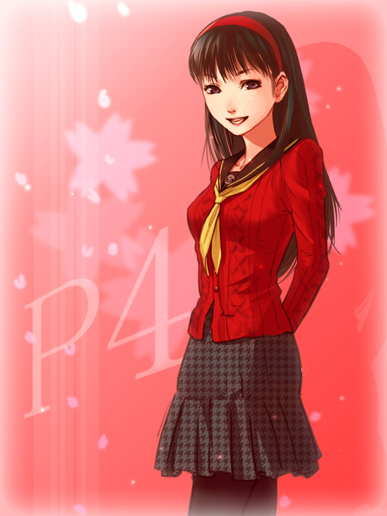 amagi_yukiko, arms_behind_back, black_eyes, black_hair, black_legwear, hairband, long_hair, nukadzuke