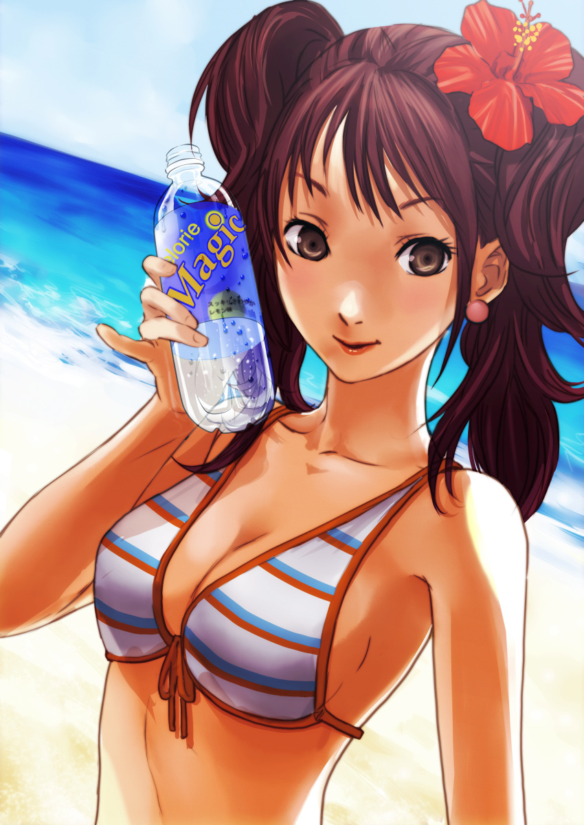absurdres, bare_shoulders, beach, bikini, bikini_top, bottle, breasts, brown_eyes