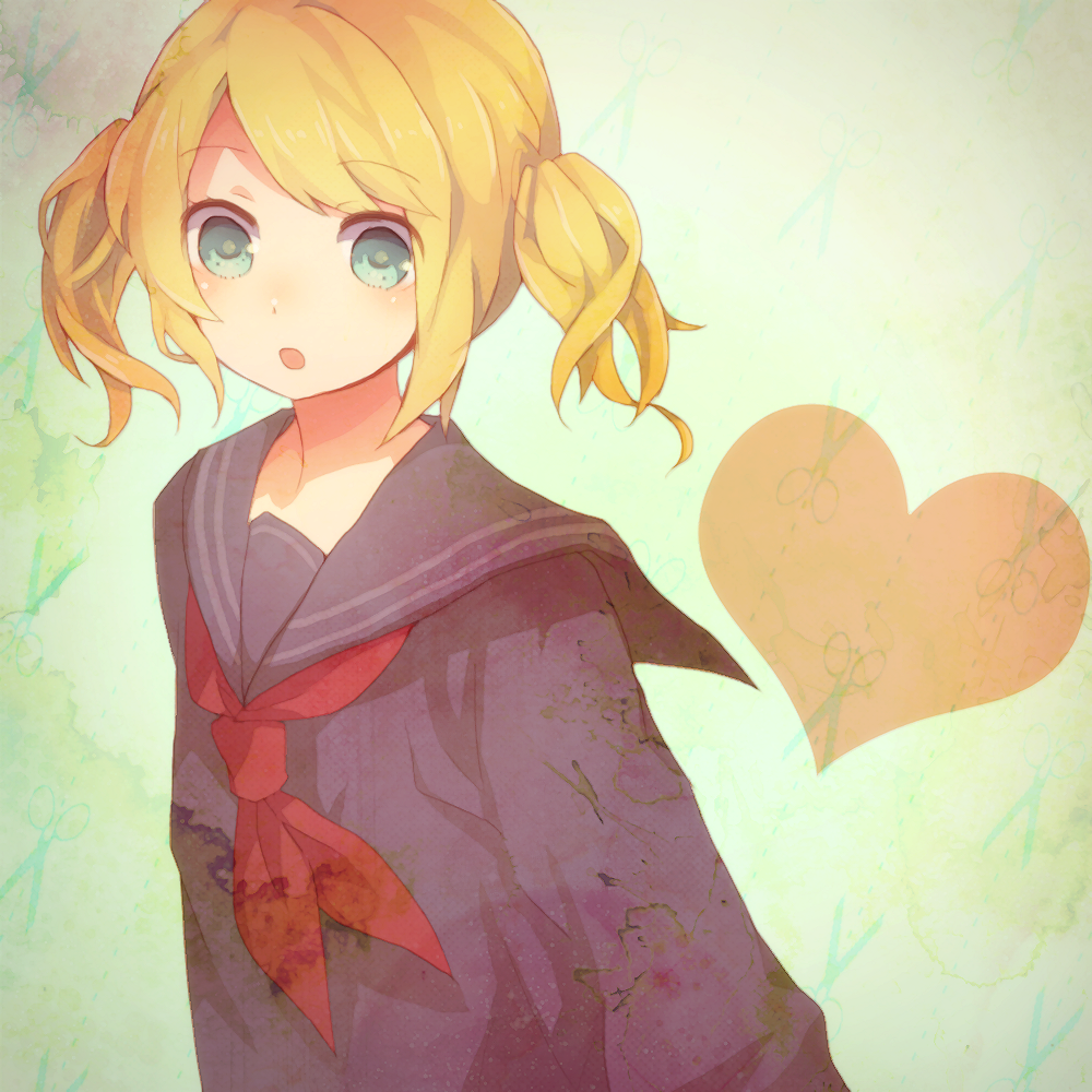 :o, alternate_hairstyle, aqua_eyes, bad_id, blonde_hair, blush, heart, highres, kagamine_rin, nigoru, open_mouth, school_uniform, serafuku, short_hair, short_twintails, solo, twintails, vocaloid