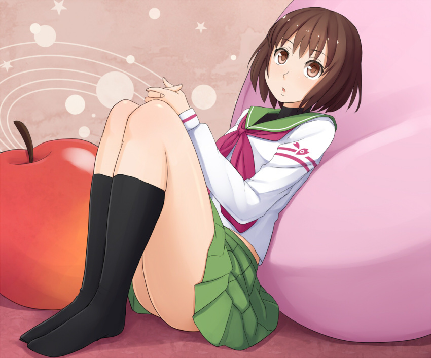 apple, black_legwear, brown_eyes, brown_hair, feet, food, fruit, kneehighs