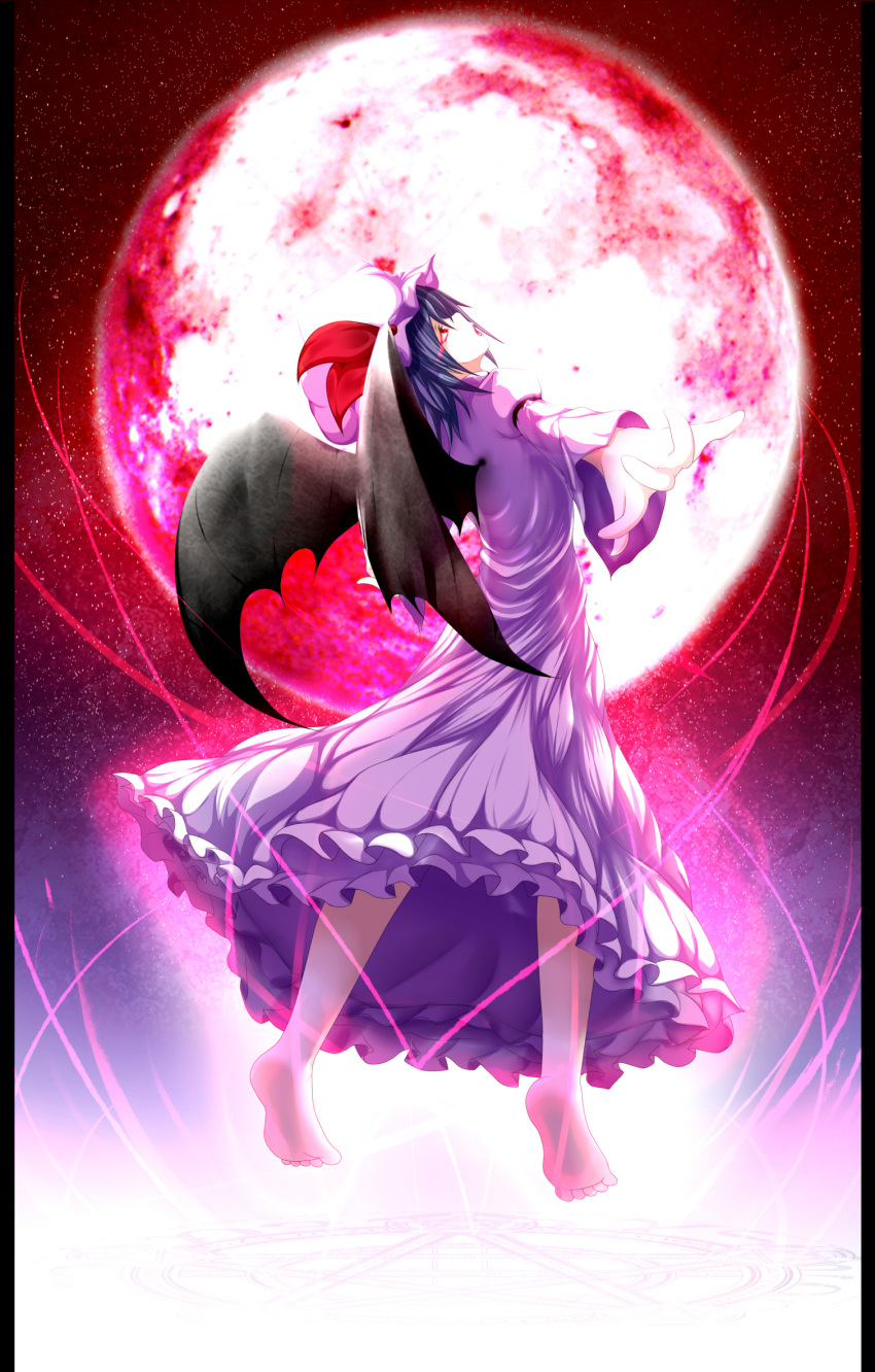 barefoot, bat_wings, blue_hair, dress, full_moon, hat, highres, maeda_kousuke