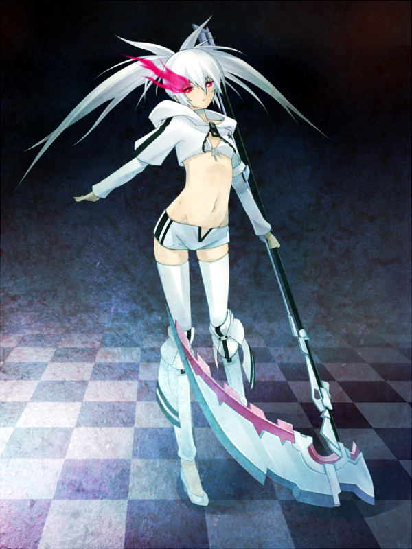 black_rock_shooter, black_rock_shooter_(game), boots, front-tie_top, glowing, glowing_eyes, long_hair, midriff, navel, purple_eyes, scythe, shorts, solo, thigh-highs, thighhighs, twintails, violet_eyes, weapon, white_hair, white_rock_shooter, yasu_(yossy)