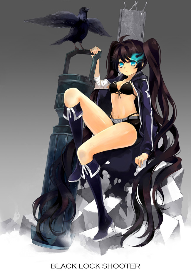 arm_cannon, bikini, bikini_top, bird, black_hair, black_rock_shooter, black_rock_shooter_(character), blue_eyes