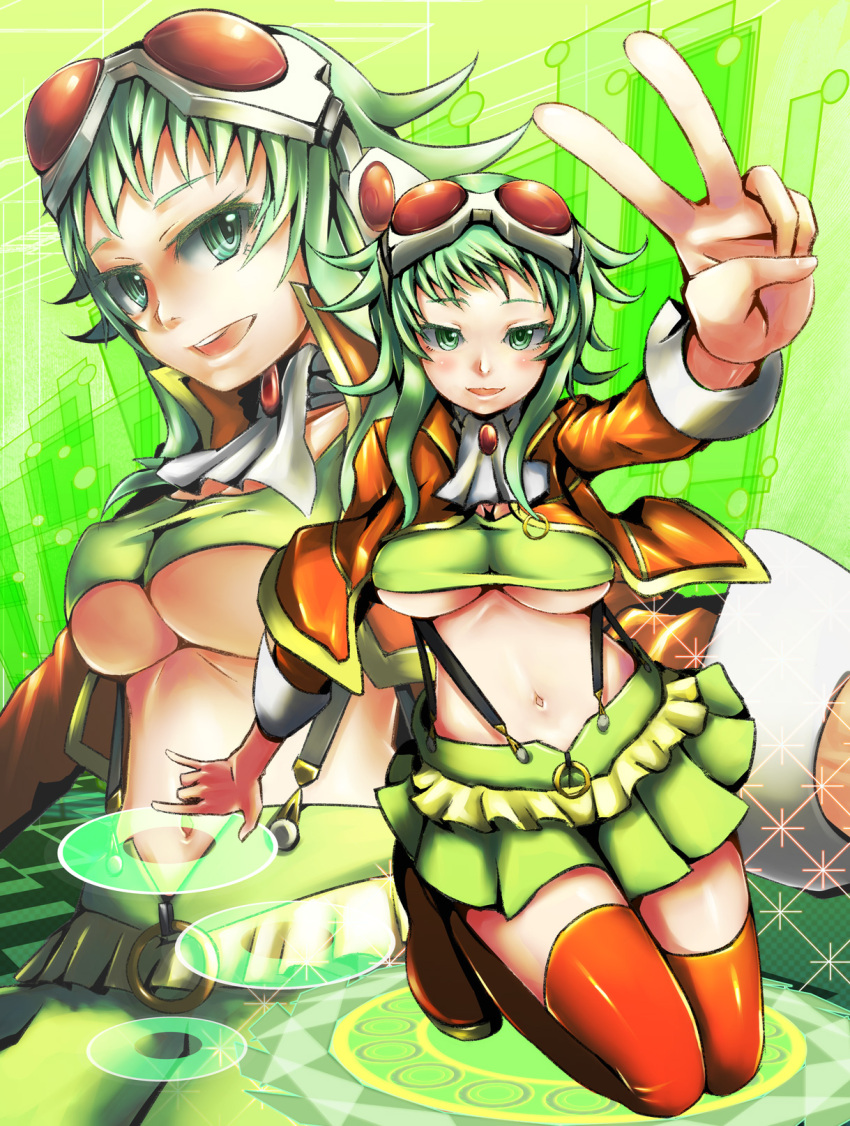 boots, breasts, goggles, goggles_on_head, green_eyes, green_hair, gumi, highres, huster_ham, jacket, megpoid_(vocaloid3), midriff, navel, short_hair, skirt, smile, solo, suspenders, thigh-highs, thigh_boots, thighhighs, under_boob, underboob, v, vocaloid, zettai_ryouiki