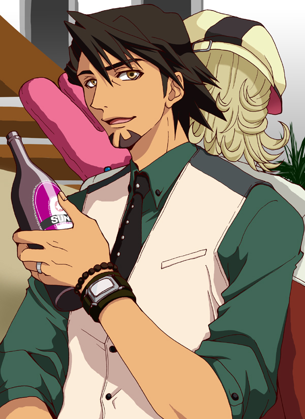 aida_ayako, back-to-back, bad_id, barnaby_brooks_jr, blonde_hair, bottle, brown_eyes, brown_hair