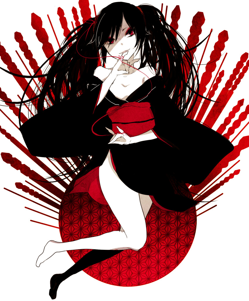 :3, asa_no_ha_(pattern), bad_id, bare_shoulders, barefoot, black_hair, collarbone, hasuhashi, hatsune_miku, highres, japanese_clothes, kimono, long_hair, musunde_hiraite_rasetsu_to_mukuro_(vocaloid), off_shoulder, red_eyes, red_string, side_slit, simple_background, smile, solo, string, twintails, very_long_hair, vocaloid, white_background, yukata