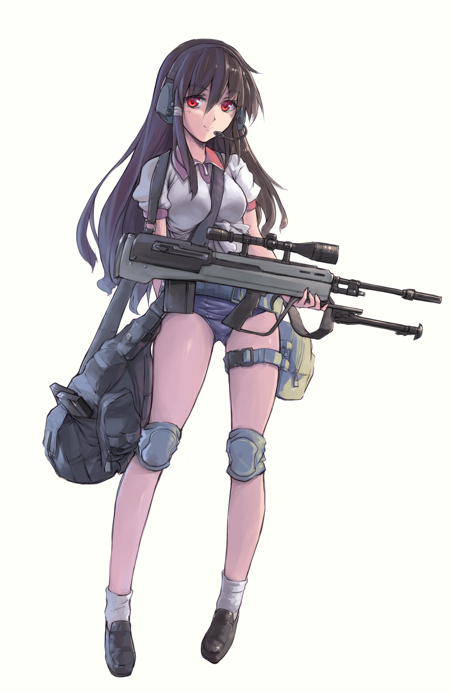7.62x51mm_nato, awc_g2a, backpack, battle_rifle, bipod, breasts, brown_hair, bullpup, female, footwear, gun, headset, highres, knee_pads, loafers, long_hair, long_legs, m14, nightmaremk2, one-piece_swimsuit, original, randoseru, red_eyes, rifle, school_swimsuit, scope, shoes, shoulder_bag, simple_background, small_breasts, smile, socks, solo, strap_cleavage, swimsuit, swimsuit_under_clothes, thigh_holster, thigh_strap, weapon, white_background