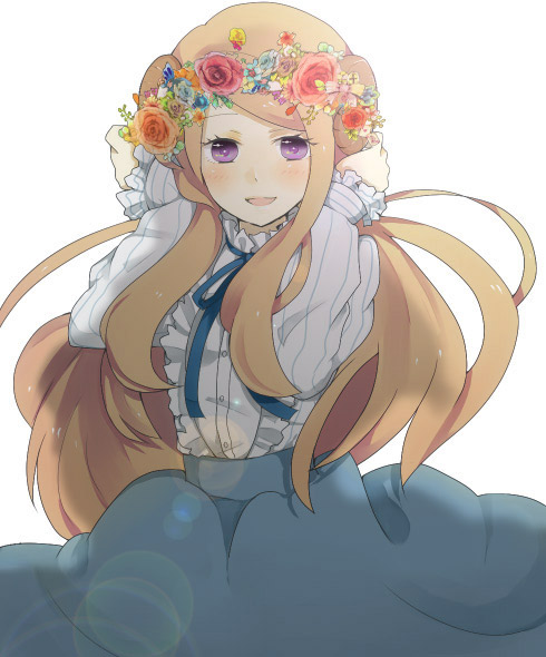 brown_hair, flower, flower_wreath, head_wreath, long_hair, mawaru_penguindrum, nobunaga9, open_mouth, purple_eyes, skirt, smile, solo, takakura_himari, violet_eyes