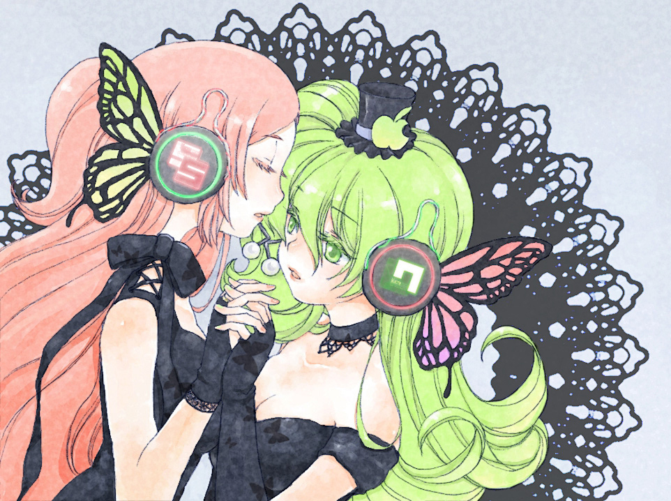butterfly_hair_ornament, butterfly_wings, closed_eyes, green_eyes, green_hair, hair_ornament, hat, headphones