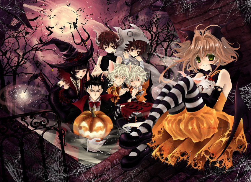 5boys, alexa_pasztor, animal_ears, bare_tree, bat, black_hair, blonde_hair, brown_eyes