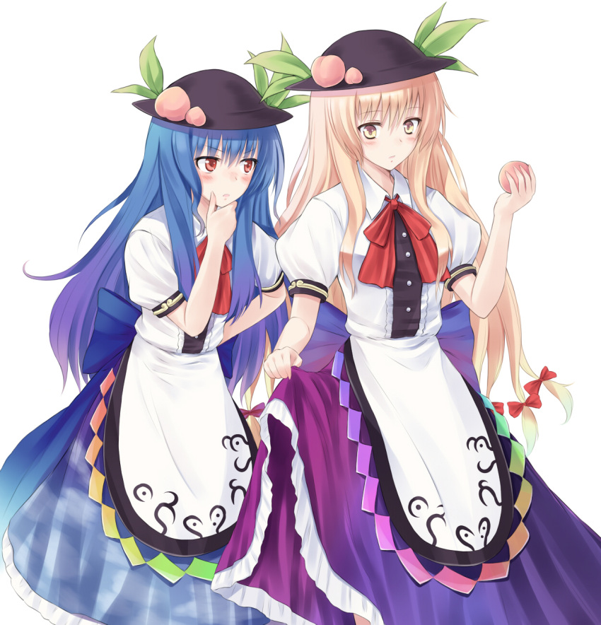 blonde_hair, blouse, blue_hair, blush, bow, commentary_request, cosplay, food