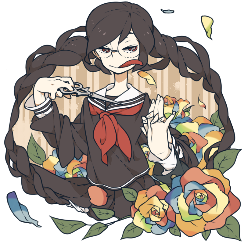 black_hair, braid, dangan-ronpa, dangan_ronpa, flower, fukawa_touko, glasses, hand_holding, holding_hands, long_hair, meme_(aoume), meme_317, multicolored_rose, petals, red_eyes, rose, school_uniform, scissors, serafuku, solo, tongue, transparent_background, twin_braids, very_long_hair