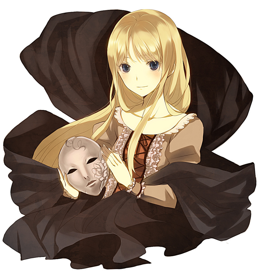 blonde_hair, blue_eyes, dress, highres, long_hair, mask, monica_campanella, nanamura