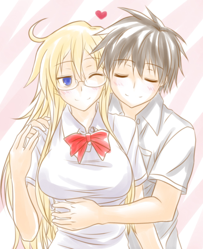 1girl, ben-tou, black_hair, blonde_hair, blue_eyes, blush, breasts, closed_eyes, couple, cousins, eyes_closed, from_behind, glasses, hand_on_shoulder, hand_on_stomach, heart, hug, hug_from_behind, large_breasts, long_hair, one_eye_closed, ribbon, sato_you, satou_you, school_uniform, shaga_ayame, short_hair, siblings, smile, very_long_hair, watarui, wink