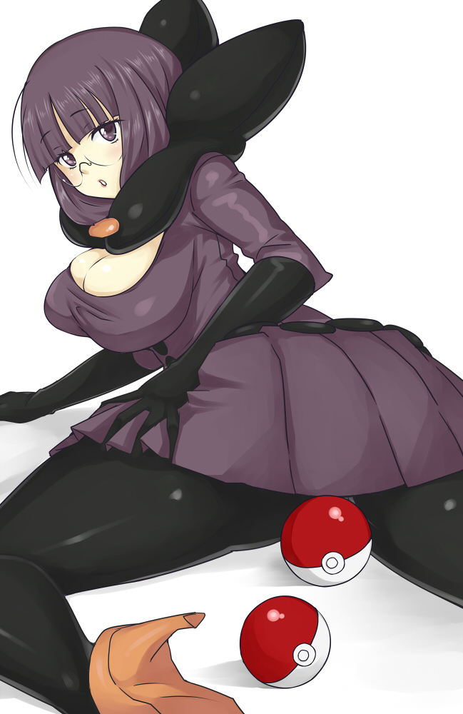ass, bob_cut, breasts, cleavage, collar, dress, from_behind, glasses, gloves, high_heels, large_breasts, maru_(maruttona), maruttona, pantyhose, pleated_skirt, poke_ball, pokemon, pokemon_(game), pokemon_black_and_white, pokemon_bw, purple_eyes, purple_hair, rimless_glasses, shikimi_(pokemon), shiny, shiny_clothes, shoes, short_hair, simple_background, skirt, solo, violet_eyes, white_background