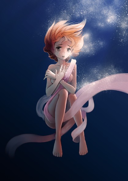 bad_id, barefoot, brown_eyes, covering, covering_breasts, floating_hair, fs-project, hanasaku_iroha