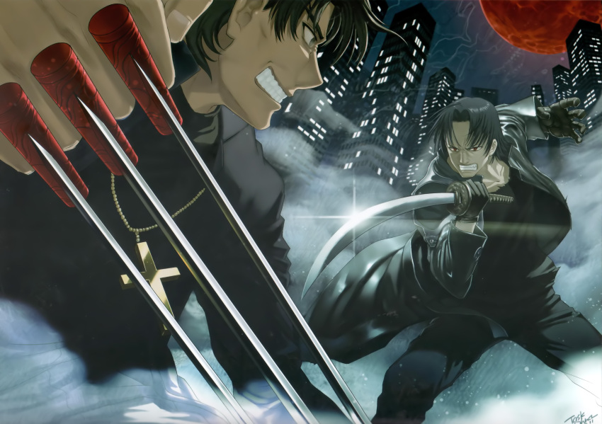 absurdres, black_hair, black_key, black_keys, brown_hair, cityscape, clenched_teeth, cross