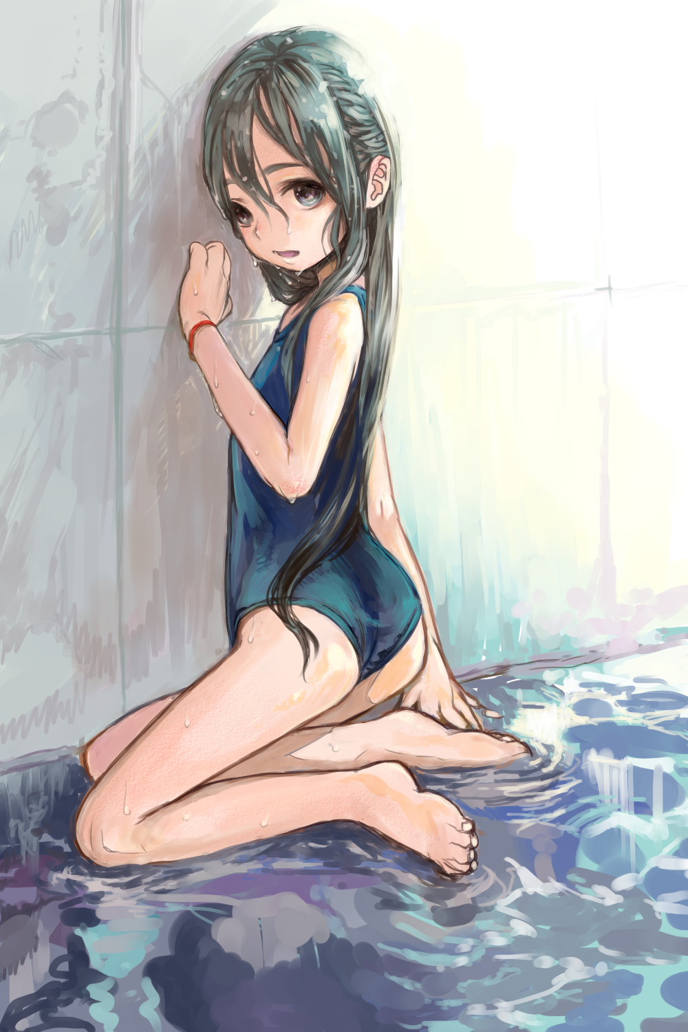 ass, back, bare_shoulders, barefoot, black_eyes, black_hair, child, dwayne_(wadk)