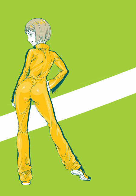 ass, bob_cut, brown_eyes, brown_hair, bruce_lee's_jumpsuit, bruce_lee's_jumpsuit, from_behind, hand_on_hip, hips, huang_baoling, jumpsuit, looking_back, namboku, nanboku, shoes, short_hair, smile, sneakers, solo, tiger_&amp;_bunny