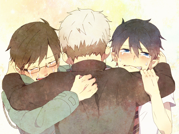 black_hair, blue_eyes, brothers, family, fujimoto_shirou, glasses, grey_hair, group_hug, hug, multiple_boys, necktie, okumura_rin, okumura_yukio, pointy_ears, school_uniform, short_hair, siblings, striped, striped_necktie, tears, ws_(pixiv)