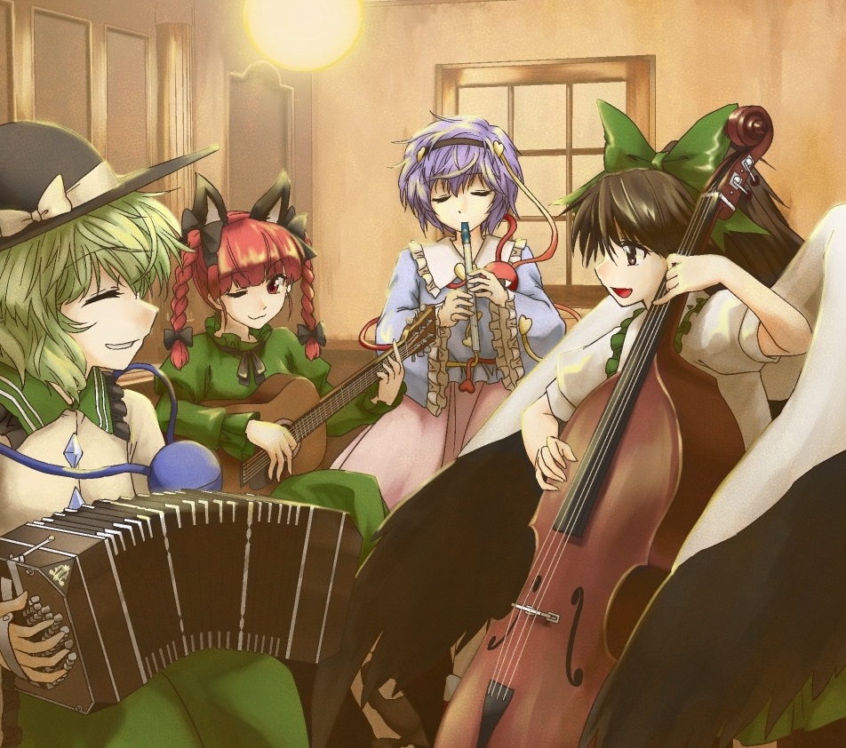 abo_(hechouchou), accordion, acoustic_guitar, animal_ears, black_hair, black_wings, bow, braid