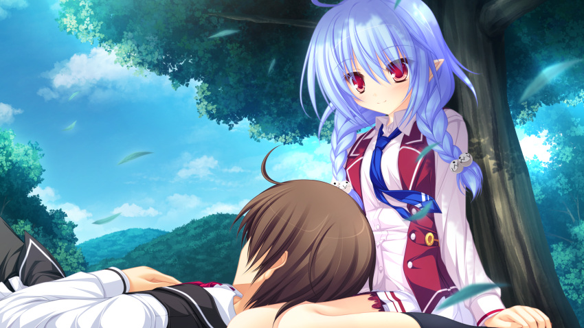 blue_hair, game_cg, lunaris_filia, melis, mikagami_mamizu, red_eyes, seifuku, tree