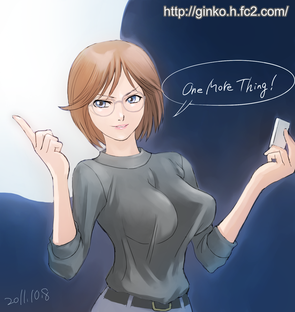 1girl, apple_inc., breasts, brown_hair, copyright_request, dated, digital_media_player, female
