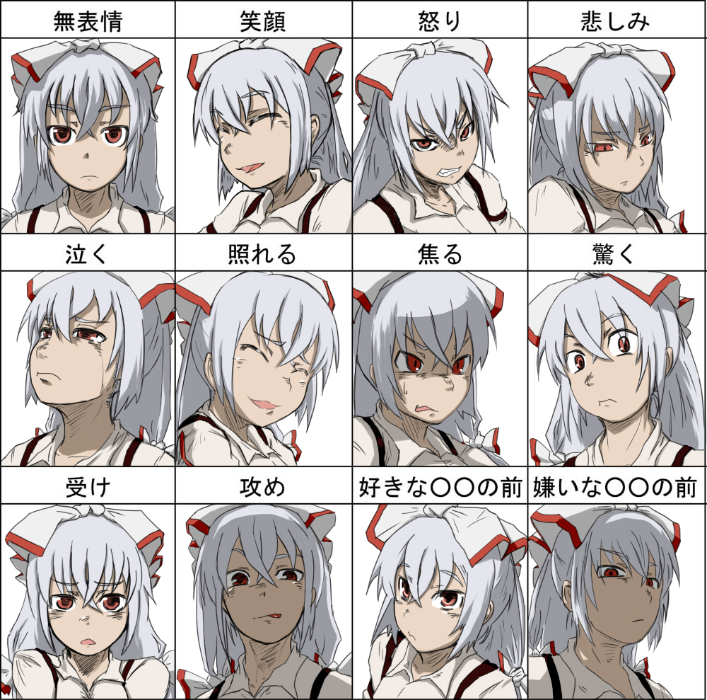 expressions, face, fujiwara_no_mokou, hair_bow, kasupikai, red_eyes, touhou, translated