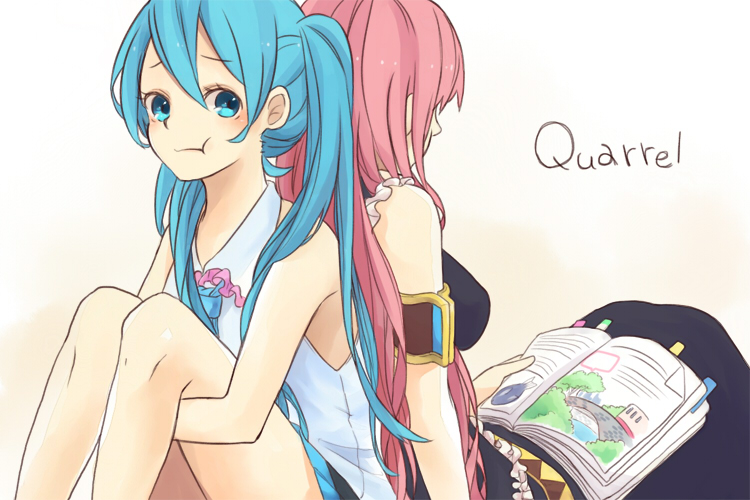 aqua_eyes, aqua_hair, back-to-back, bare_shoulders, blush, bridge, english, hatsune_miku
